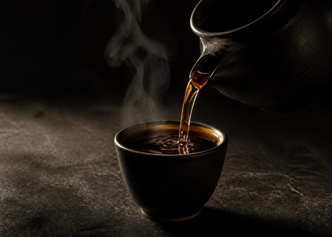 A dark botanical brew poured from an unmarked stoneware jug into a small ceramic cup