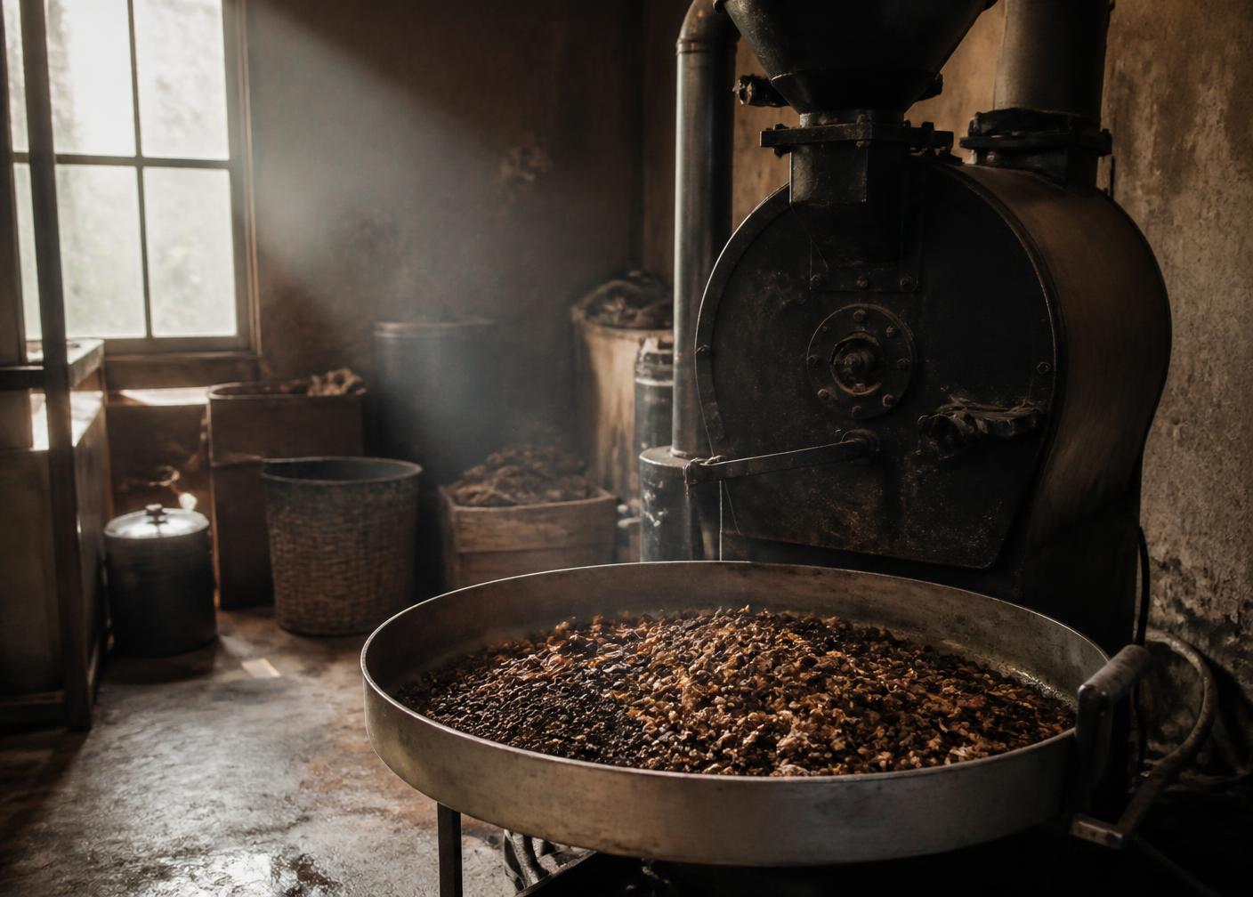 A cast-iron drum roaster and cooling tray of dark roasted material in a small roastery